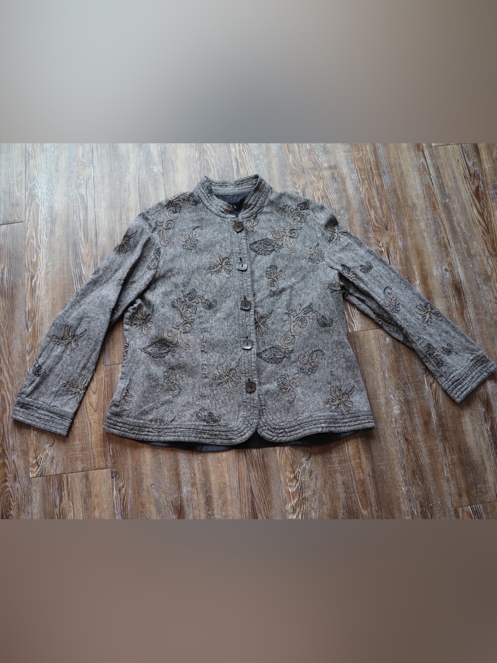 Gray Artsy Heritage Embroidered Jacket Linen Blend Boho Womens Size 18